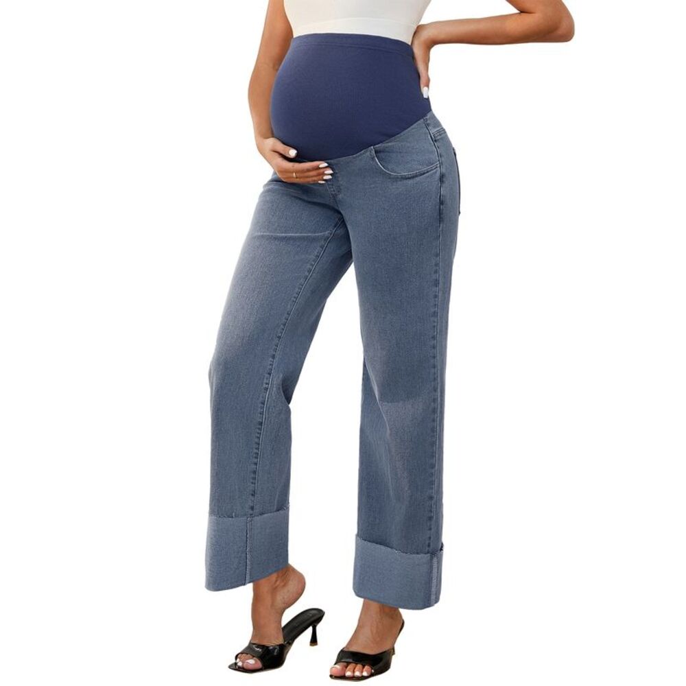 Maternity Straight Leg Cuffed Comfy Over Belly Support Denim Pants Retro Blue